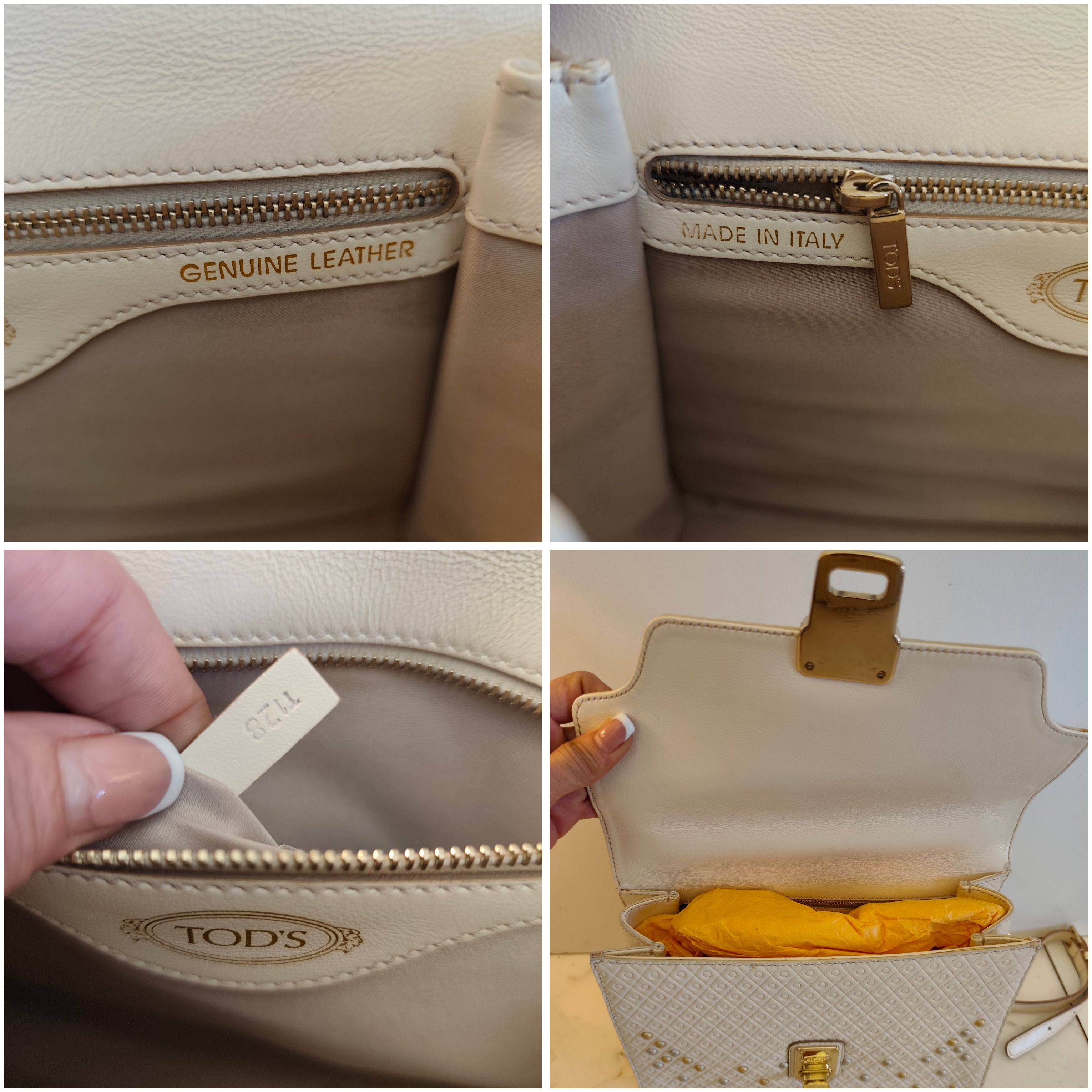 TOD’S - Camera Bag a Mano con Tracolla in Pelle Avorio con Borchie