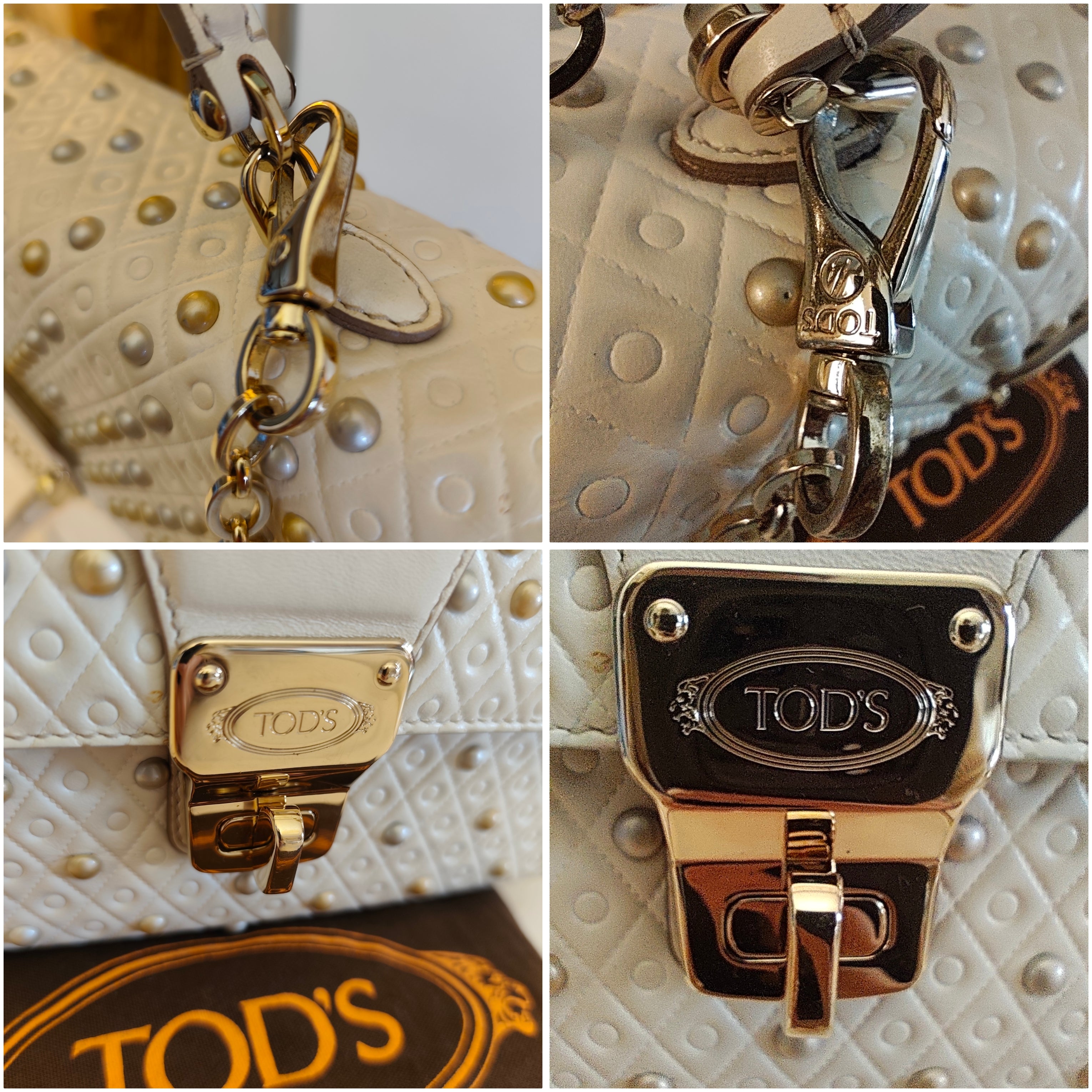 TOD’S - Camera Bag a Mano con Tracolla in Pelle Avorio con Borchie