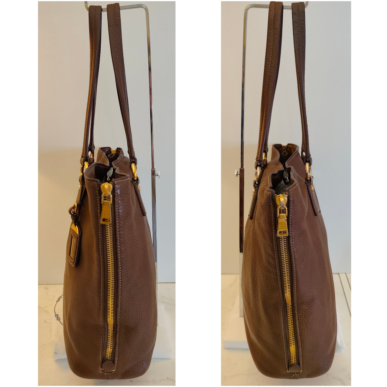 Prada - Shopper Espandibile in Pelle Martellata Cioccolato al Latte Pari al Nuovo