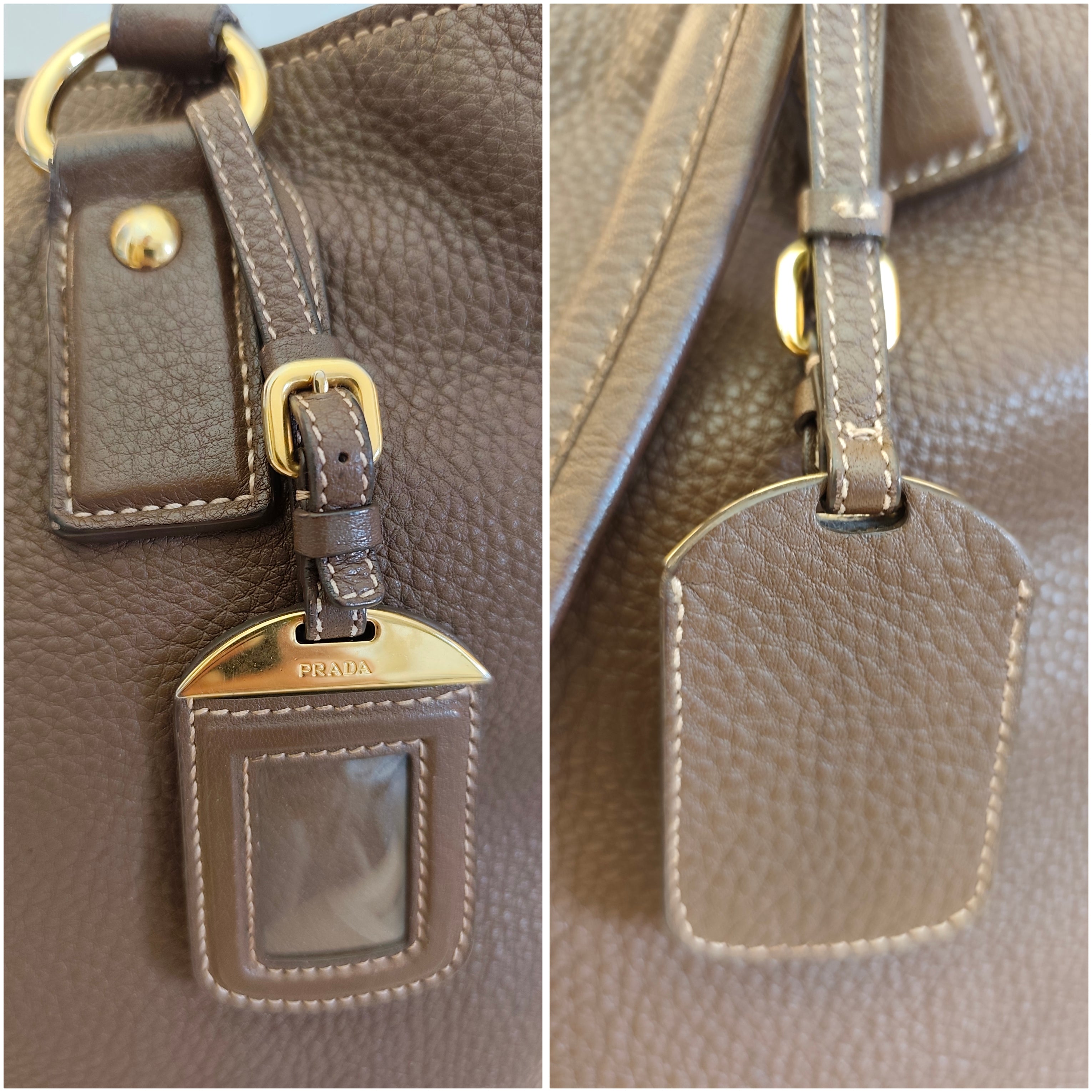 Prada - Shopper Espandibile in Pelle Martellata Cioccolato al Latte Pari al Nuovo