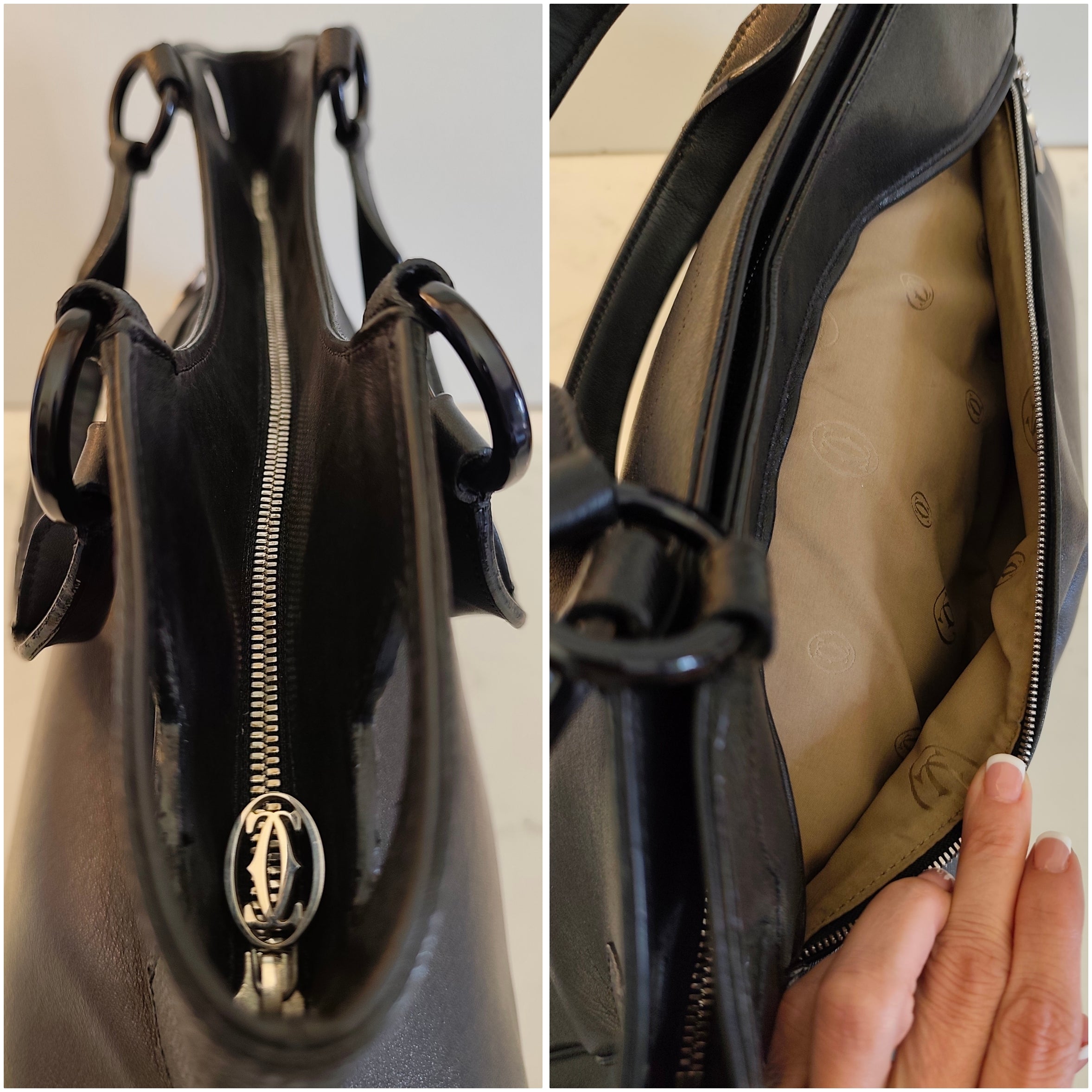 Cartier – Borsa a Spalla Marcello in Pelle Nera con Inserti in Pelle Esotica