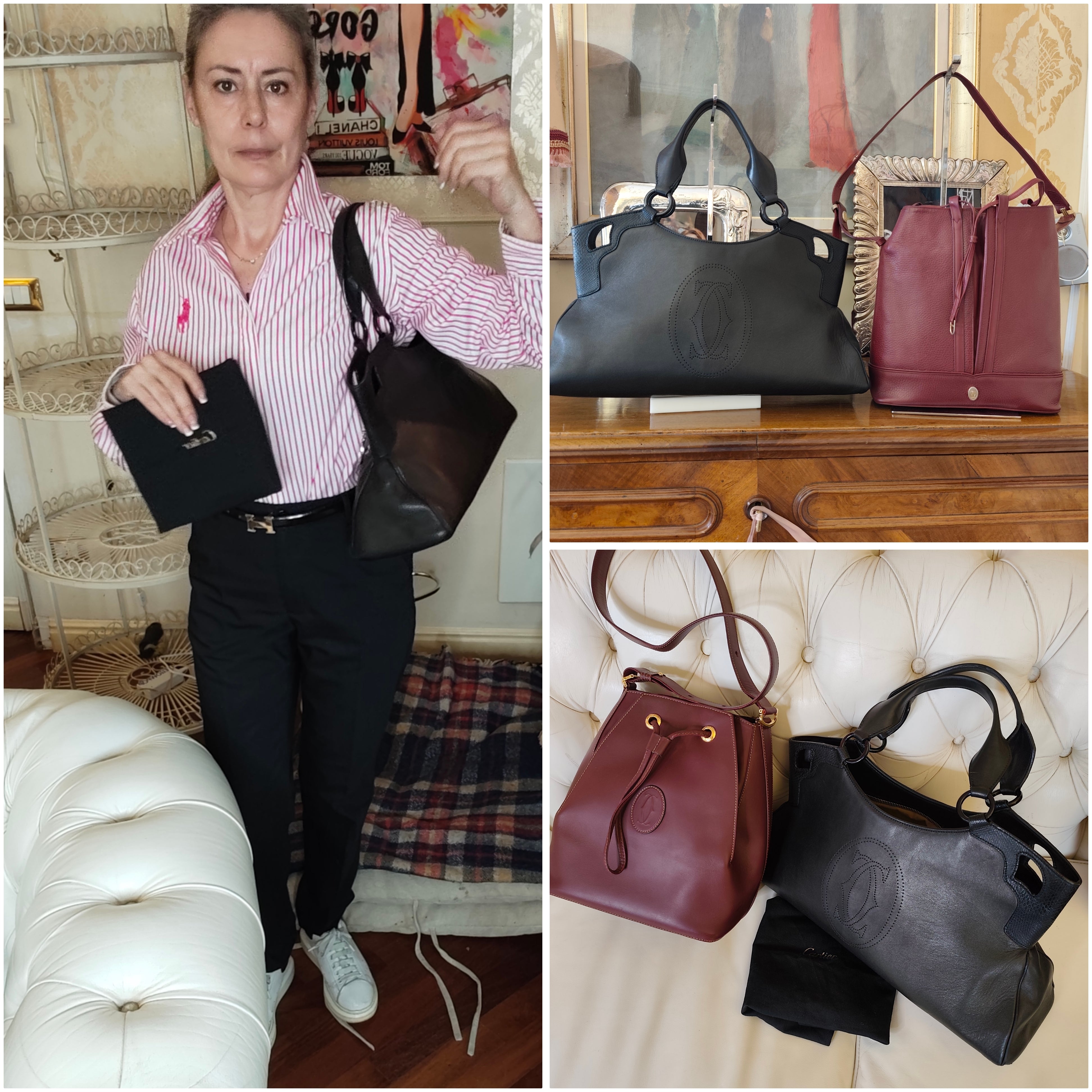 Cartier – Borsa a Spalla Marcello in Pelle Nera con Inserti in Pelle Esotica