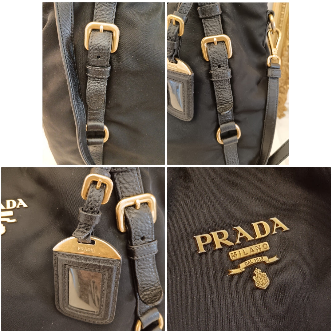 Prada - Tote Shopper Nylon Nero con Fasce in Pelle e Doppi Anelli