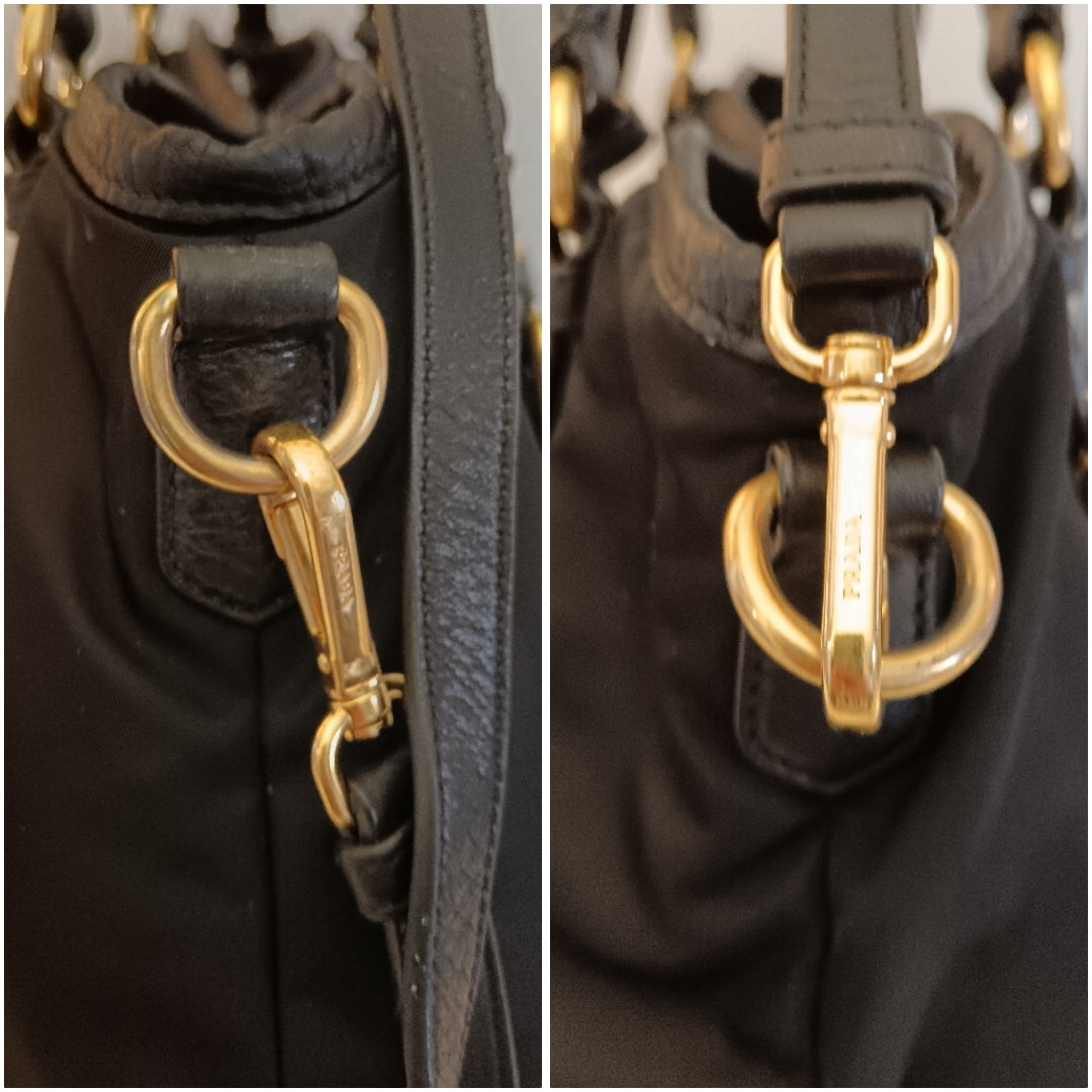 Prada - Tote Shopper Nylon Nero con Fasce in Pelle e Doppi Anelli