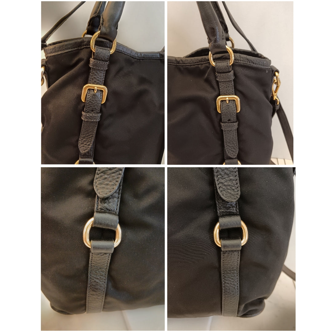 Prada - Tote Shopper Nylon Nero con Fasce in Pelle e Doppi Anelli