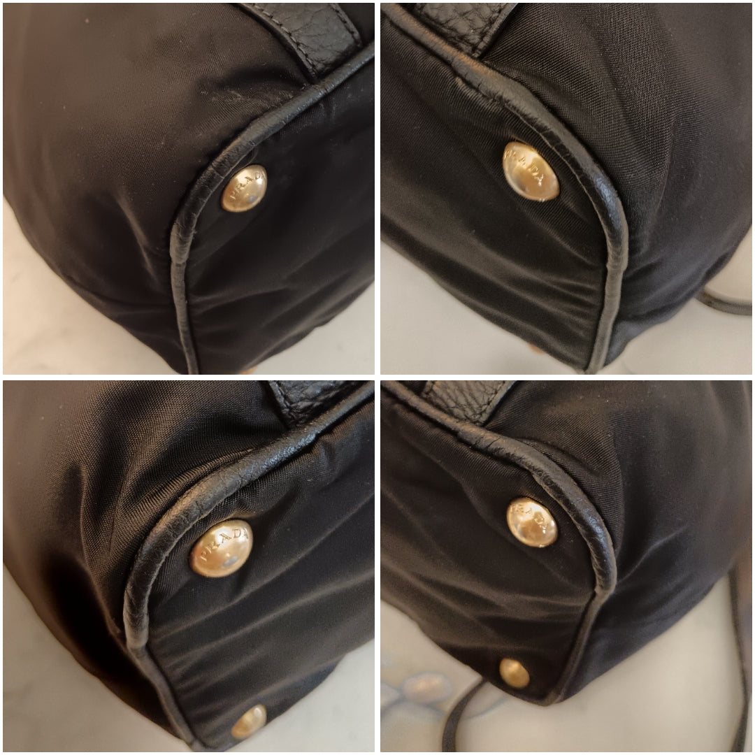 Prada - Tote Shopper Nylon Nero con Fasce in Pelle e Doppi Anelli