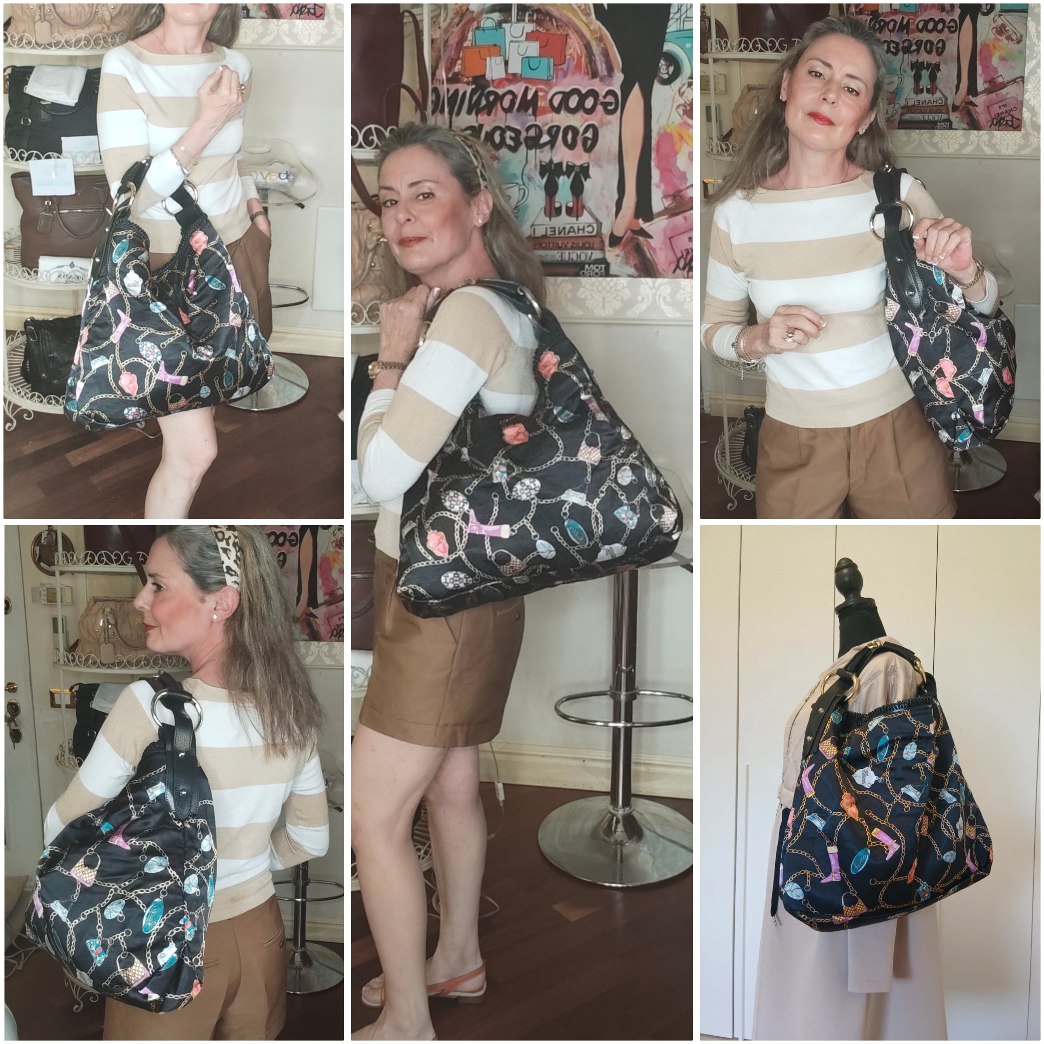GUCCI - HORSEBIT BORSA HOBO IN TESSUTO NERO FANTASIA “CHARM’S & CHAIN”