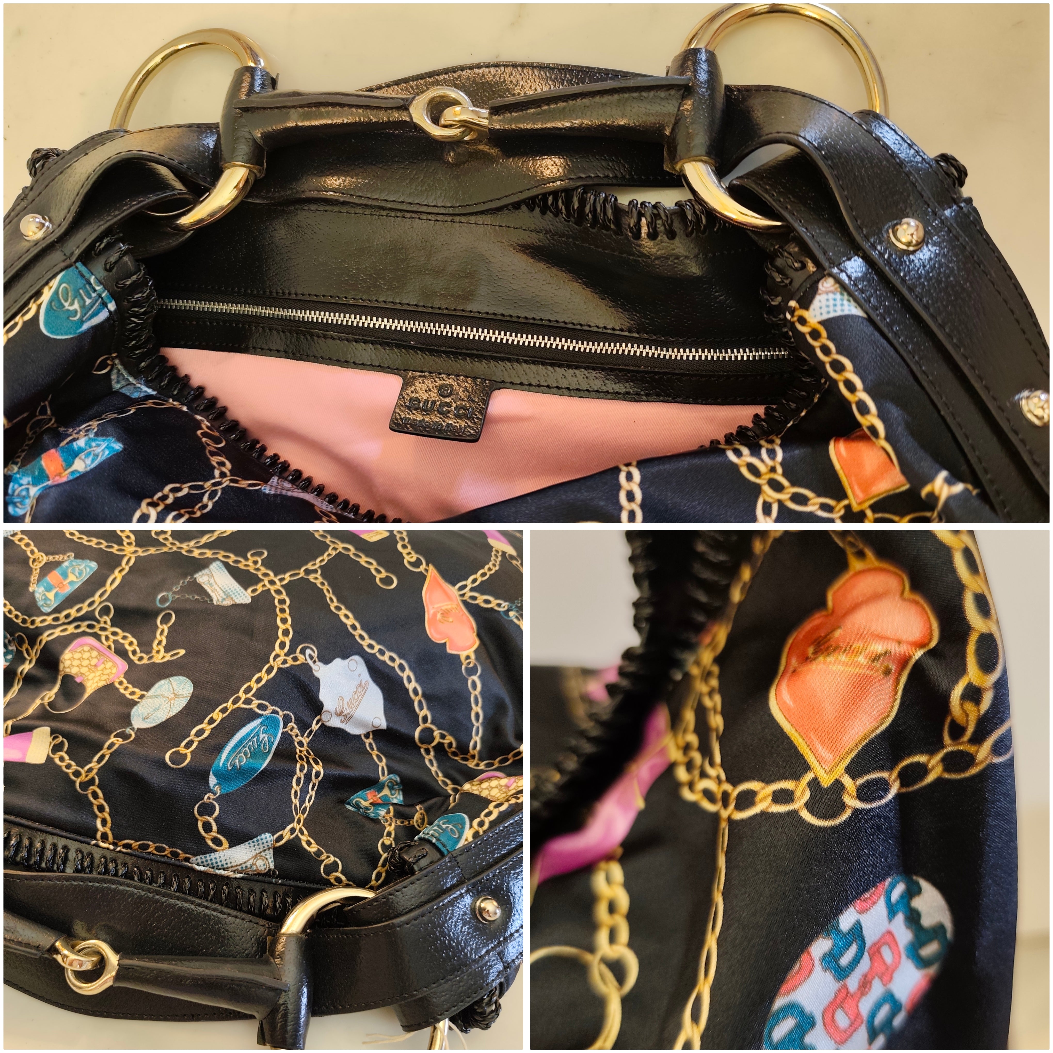 GUCCI - HORSEBIT BORSA HOBO IN TESSUTO NERO FANTASIA “CHARM’S & CHAIN”
